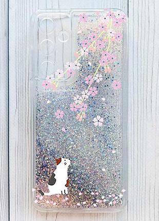 Чехол с плавающими серебряными блестками на samsung galaxy a35 котик и сакура (принт 283)