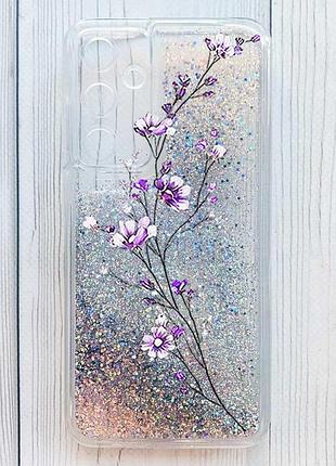 Чехол с плавающими серебряными блестками на samsung galaxy a55 веточка цветов (принт 278)