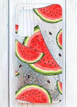 Чехол с плавающими серебряными блестками на samsung galaxy s24 ломтики арбуза (принт 342)