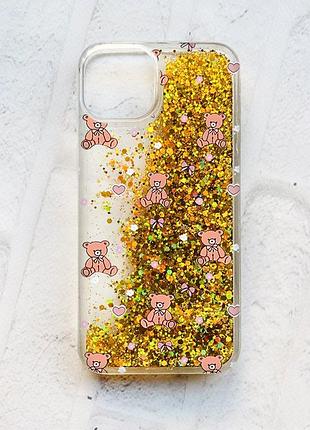 Чехол с плавающими золотыми блестками на iphone 14 ведмежата (принт 418)
