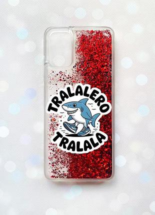 Чехол с плавающими красными блестками на samsung galaxy a03s (a037) акула тралалеро тралала (принт 416)