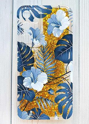 Чехол с плавающими золотыми блестками на samsung galaxy a55 тропики (принт 373)