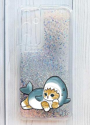 Чехол с плавающими серебряными блестками на samsung galaxy a55 котенок акула (принт 355)
