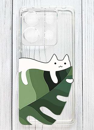 Прозрачный чехол на xiaomi redmi 15c кот на листе (принт 367)