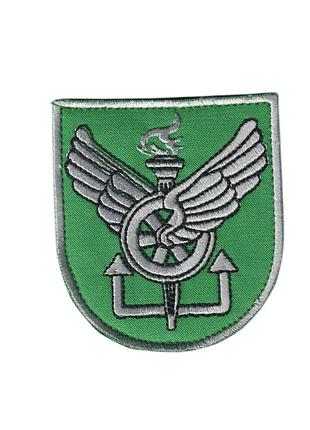 Шеврон військовий / армійський, кафедра військової підготовки служби транспорту, на зеленому, зсу. 8 см * 7 см