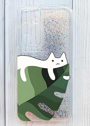 Чехол с плавающими серебряными блестками на samsung galaxy a15 кот на листе (принт 367)