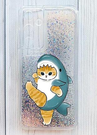 Чехол с плавающими серебряными блестками на samsung galaxy a35 котенок акула (принт 380)