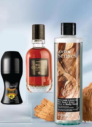 Набор avon мужская туалетная вода wild country 50 мл,пульчатый дезодорант и гель для душа 250 мл