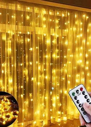 Гірлянда крапля роси штора 3х3м с пультом светодиодная от usb, жолтая led light проводка теплый белый цвет