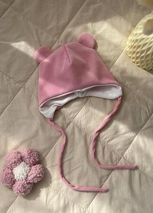 Детская шапочка рубчик с ушками и завязками рожевий, 38-40 см 0-3м