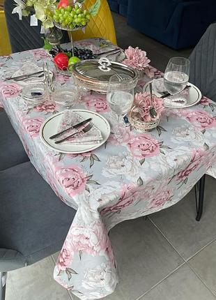 Скатертина  110*160 см з  квітами,піонами ,з  водовідштовхувальною пропиткою, тефлонова скатертина