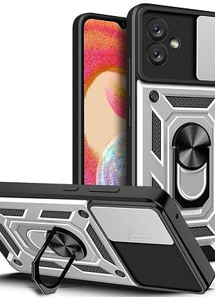 Чехол fiji camera defence для samsung galaxy a04e (a042) бампер с защитой камеры и подставкой silver