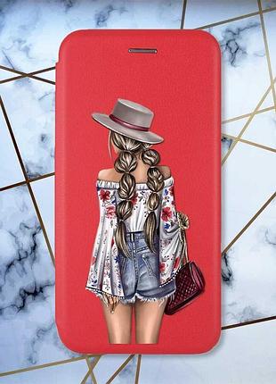 Чохол-книжка червоний з малюнком на xiaomi redmi note 14 4g дівчина в капелюшку (принт 8)