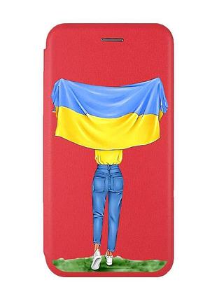 Чохол-книжка червоний з малюнком на xiaomi redmi note 14 4g дівчина з прапором (принт 263)
