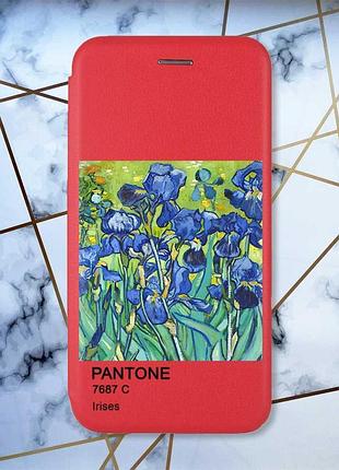 Чехол-книжка красный с рисунком на xiaomi redmi note 14 4g ирисы (принт 75)