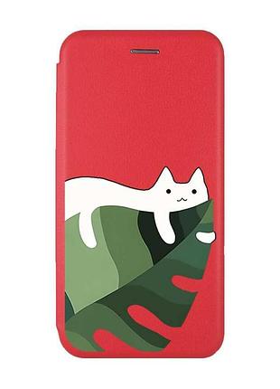 Чехол-книжка красный с рисунком на xiaomi redmi note 14 4g кот на листе (принт 367)