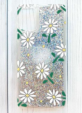 Чехол с плавающими серебряными блестками на samsung galaxy a06 ромашки (принт 368)