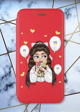 Чохол-книжка червоний з малюнком на xiaomi redmi note 14 4g українка з солодощами (принт 174)