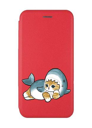 Чехол-книжка красный с рисунком на xiaomi redmi note 14 4g котенок акула (принт 355)