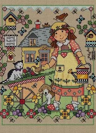 Набір для вишивання за нанесеною на канву схемою "girl with a watering can".aida 14ct printed, 30*40 см