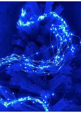 Гирлянда роса "конский хвост" 200led 2м, 10 нитей, серебряная проволока, от usb, цвет синий