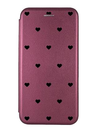 Чехол-книжка бордовый с рисунком на xiaomi redmi 9c/10a сердечка черные (принт 402)