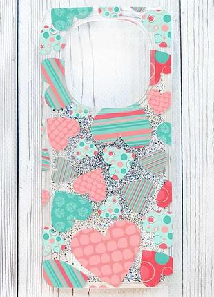 Чохол з плаваючими срібними блискітками на xiaomi redmi note 14 pro 4g різнокольорові сердечка (принт 334)