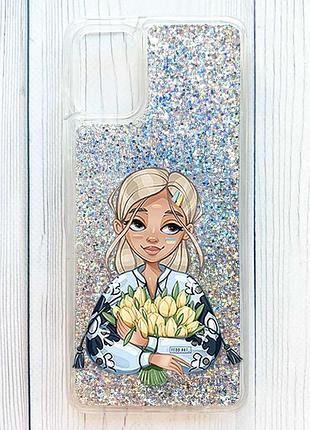Чохол з плаваючими срібними блискітками на samsung galaxy a06 дівчина з тюльпанами (принт 23)