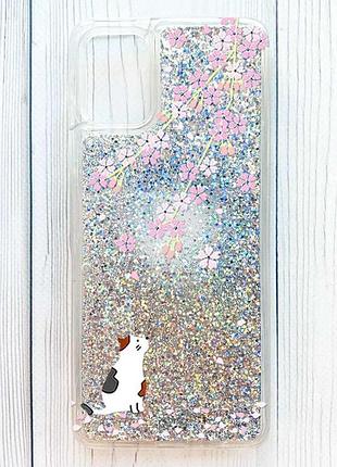Чехол с плавающими серебряными блестками на samsung galaxy a06 котик и сакура (принт 283)