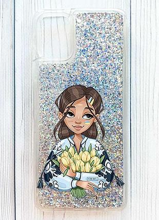 Чехол с плавающими серебряными блестками на samsung galaxy a06 девушка с тюльпанами (принт 22)