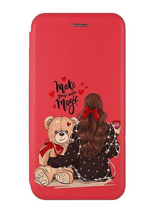 Чехол-книжка красный с рисунком на xiaomi redmi note 14 4g девушка с мишкой (принт 188)