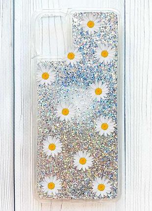 Чохол з плаваючими срібними блискітками на samsung galaxy a06 фон ромашки (принт 41)