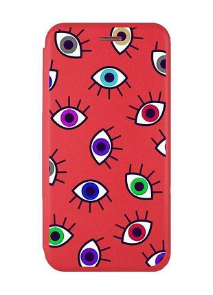 Чехол-книжка красный с рисунком на xiaomi redmi note 14 4g разноцветные глаза (принт 336)