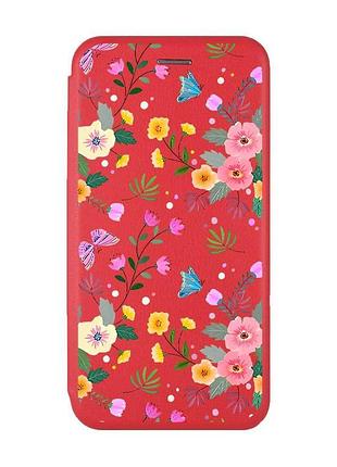 Чохол-книжка червоний з малюнком на xiaomi redmi note 14 4g квітковий фон (принт 369)