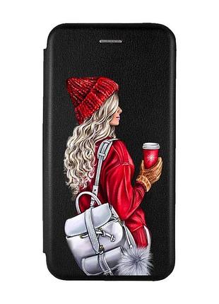 Чехол-книжка черный с рисунком на samsung galaxy a07 (a075) девушка с рюкзаком (принт 9)