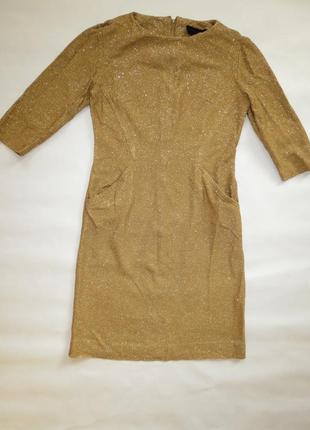 Вечернее золотистое золотое платье с люрексом миди с карманами5 фото