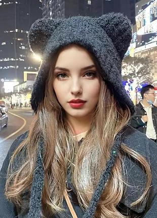 Шапка капор капюшон с ушками котика корейская мягкая теплая шапка в стиле аниме, лолита