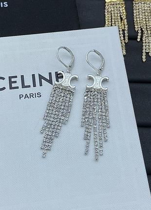 Сережки "celine triomphe fringe silver" люкс якість