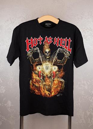 Футболка rock chang "hot as hell" скелет на мотоцикле мужская (светится в темноте) бодрящая черная оригинал размер l