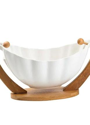 Фруктовница фарфоровая 33*14*16 см на бамбуковой подставке, белый hp1238