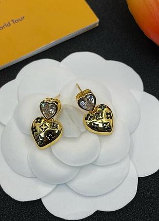 Серьги луи виттон «double heart monogram gold» люкс качество