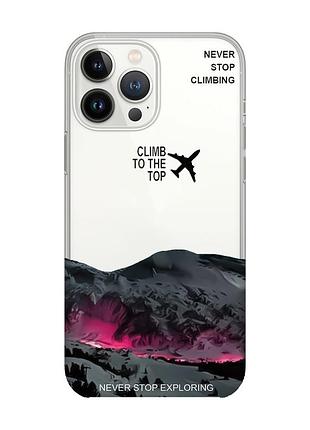 Прозрачный чехол с защитой камеры на iphone 14 pro поднимись на вершину (принт 419)