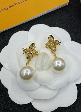 Серьги луи виттон «monogram pearl gold» люкс качество