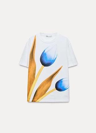Футболка бавовняна zara оверсайз вільного крою квітковий принт