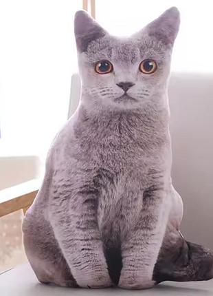 Декоративная подушка кот, подушка на диван серый кот, подушка 3d кот