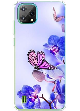 Чехол силиконовый с картинкой на blackview oscal c60 (цветок, бабочка на орхидее)
