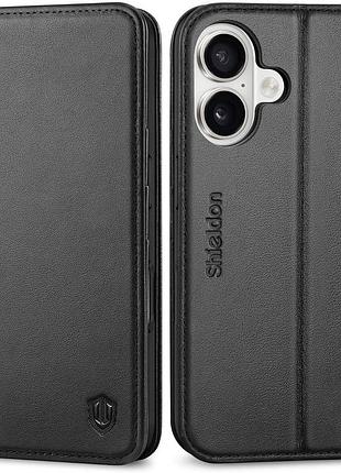 Чехол-книжка shieldon из натуральной кожи для iphone 16 черный уценка