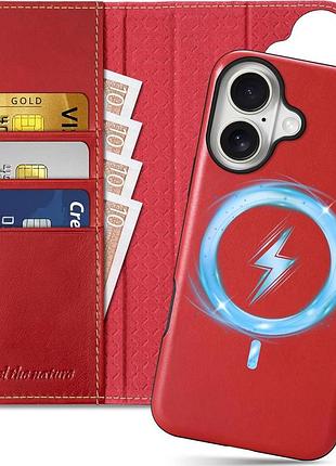 Чехол-кошелек shieldon для iphone 16 из натуральной кожи красный уценка