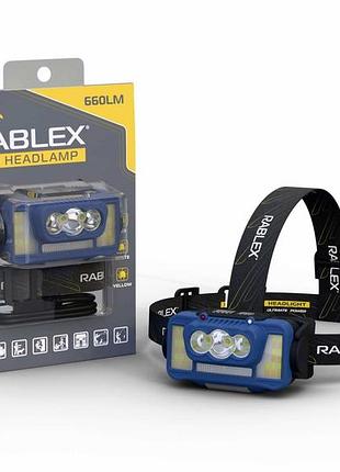 Фонарь налобный rablex rb965 - 3×t6 + 4×cob, три цвета света: желтый, белый, красный, сенсор, аккумулятор, type‐c