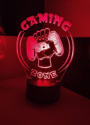 3d-светильник геймер gaming zone, 3д-ночник, несколько подсветок (bluetooth), подарок геймеру